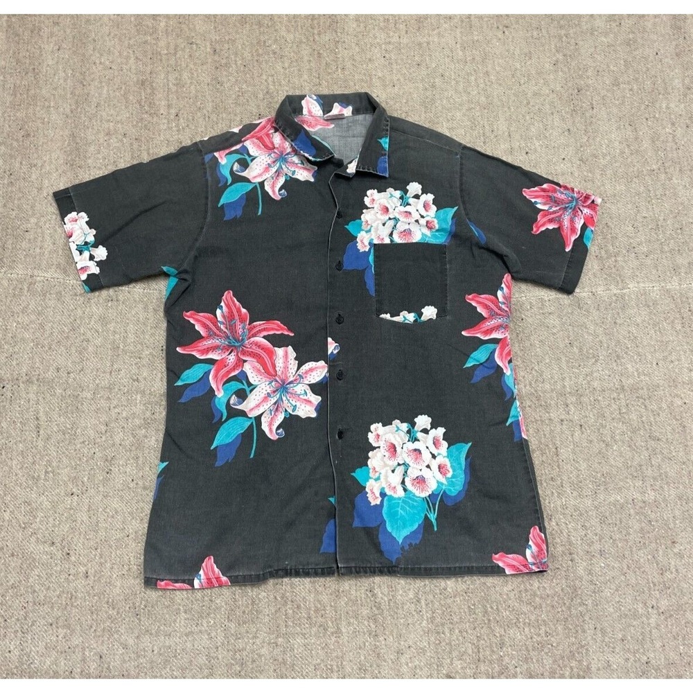 vintage Islander Hawaiian Shirt mens medium black‎ 1980s floral